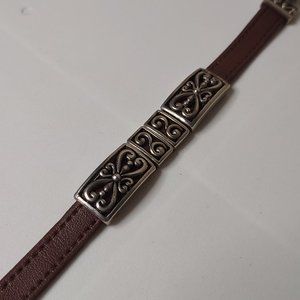 Decorative Brown Faux Leather And Silver Tone Metal Bracelet With Magnetic Clasp